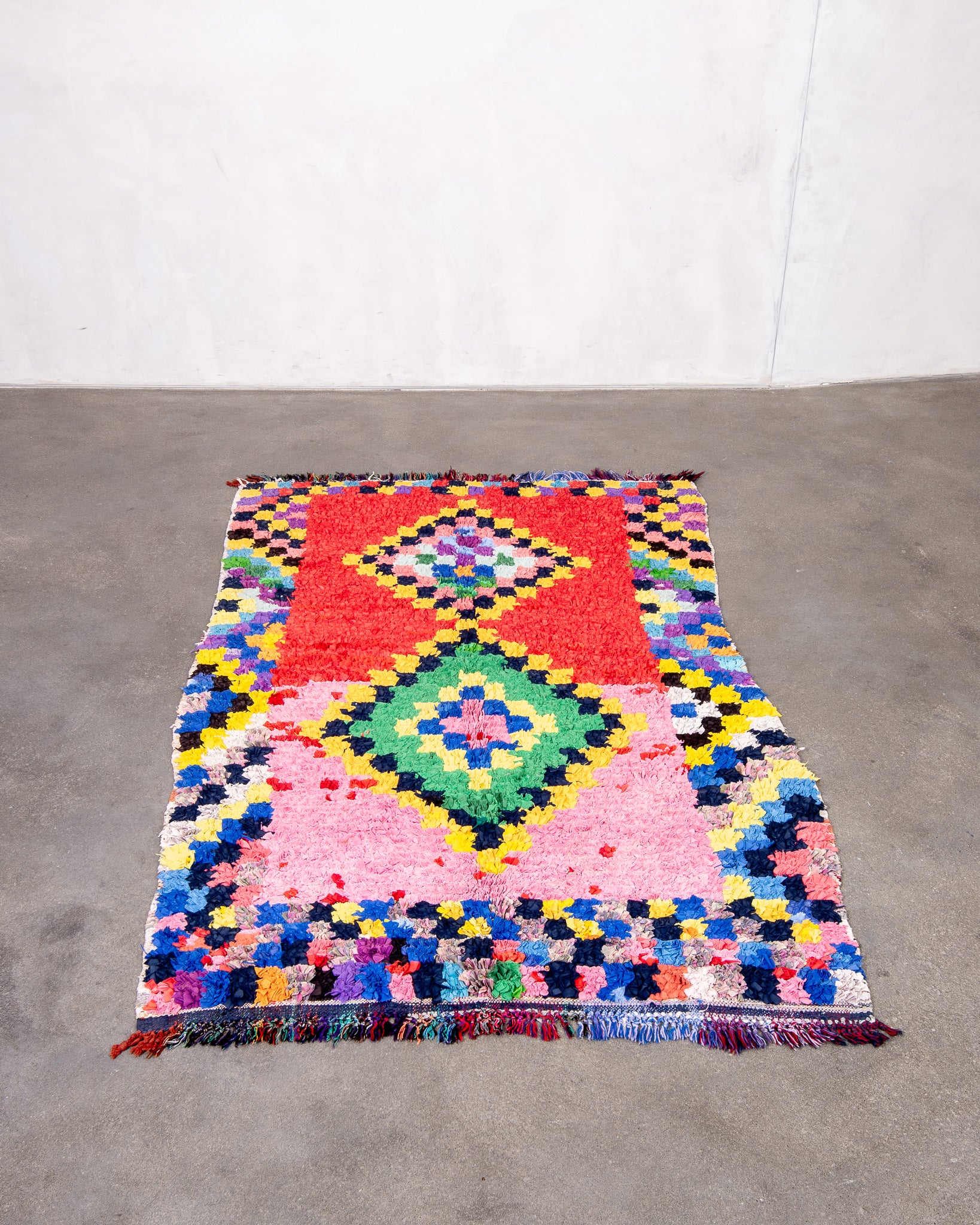 Modern designer handcrafted Berber rug from morocco Boucherouite with beautiful colors and patterns